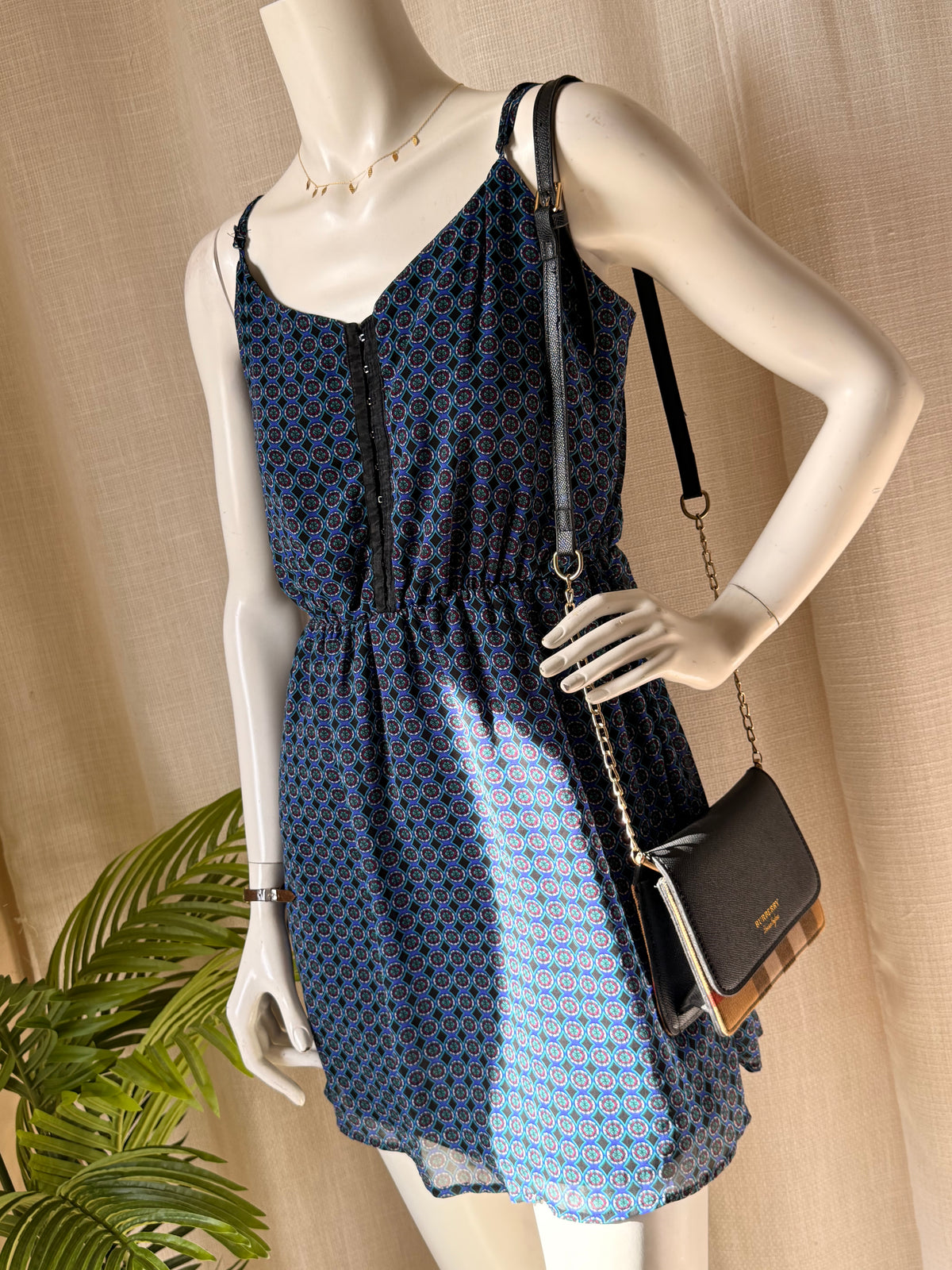 Bik Bok Geometric Print Cami Dress - Hook & Eye Corset Detail - Size Small