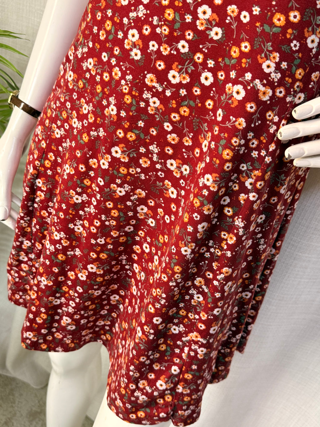 Primark Rust Burgundy Ditsy Floral Short Sleeve Skater Mini Dress - UK 16 / US 12