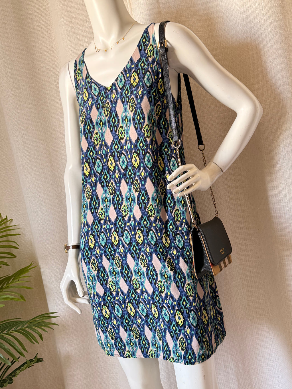 1.2.3 Paris Ikat Print Mini Dress - Blue/Green Silk Feel - Size FR 38 (Small Imperfections)