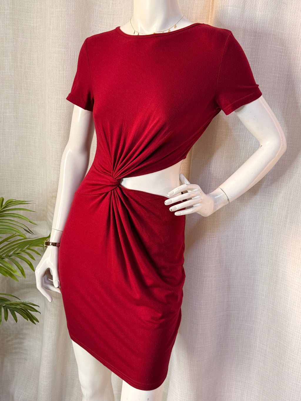 SHEIN Burgundy Red Twist Waist Cut-Out Short Sleeve Bodycon Mini Dress - Size M