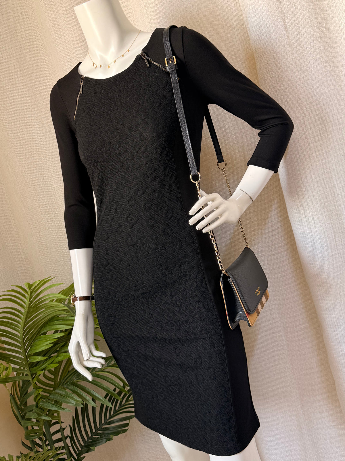 Orsay Black Leopard Jacquard Sheath Dress | 3/4 Sleeve