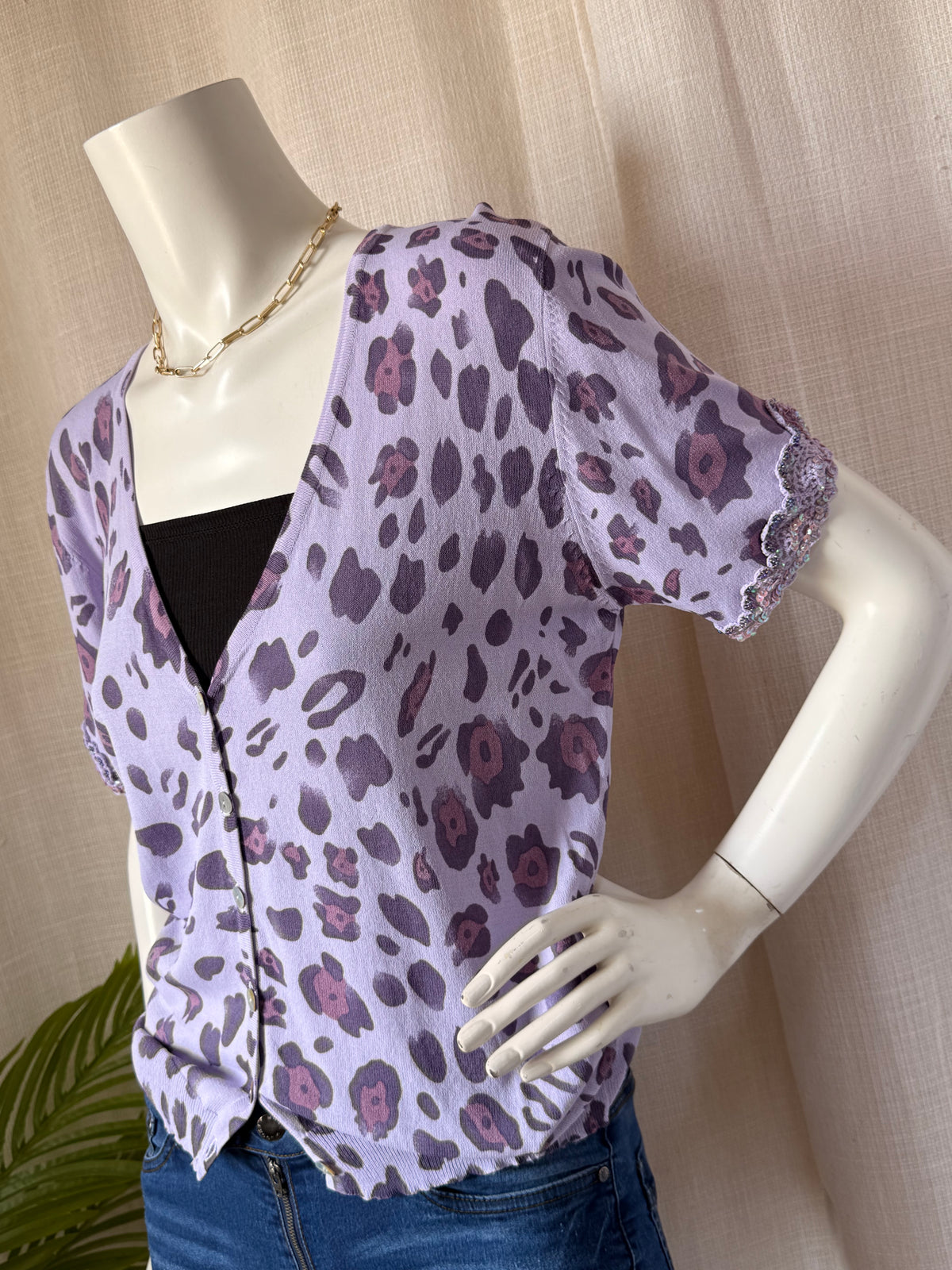 CANNELLA Italy Purple V-Neck Button-Up Cardigan, Sequin Detail, Size Large