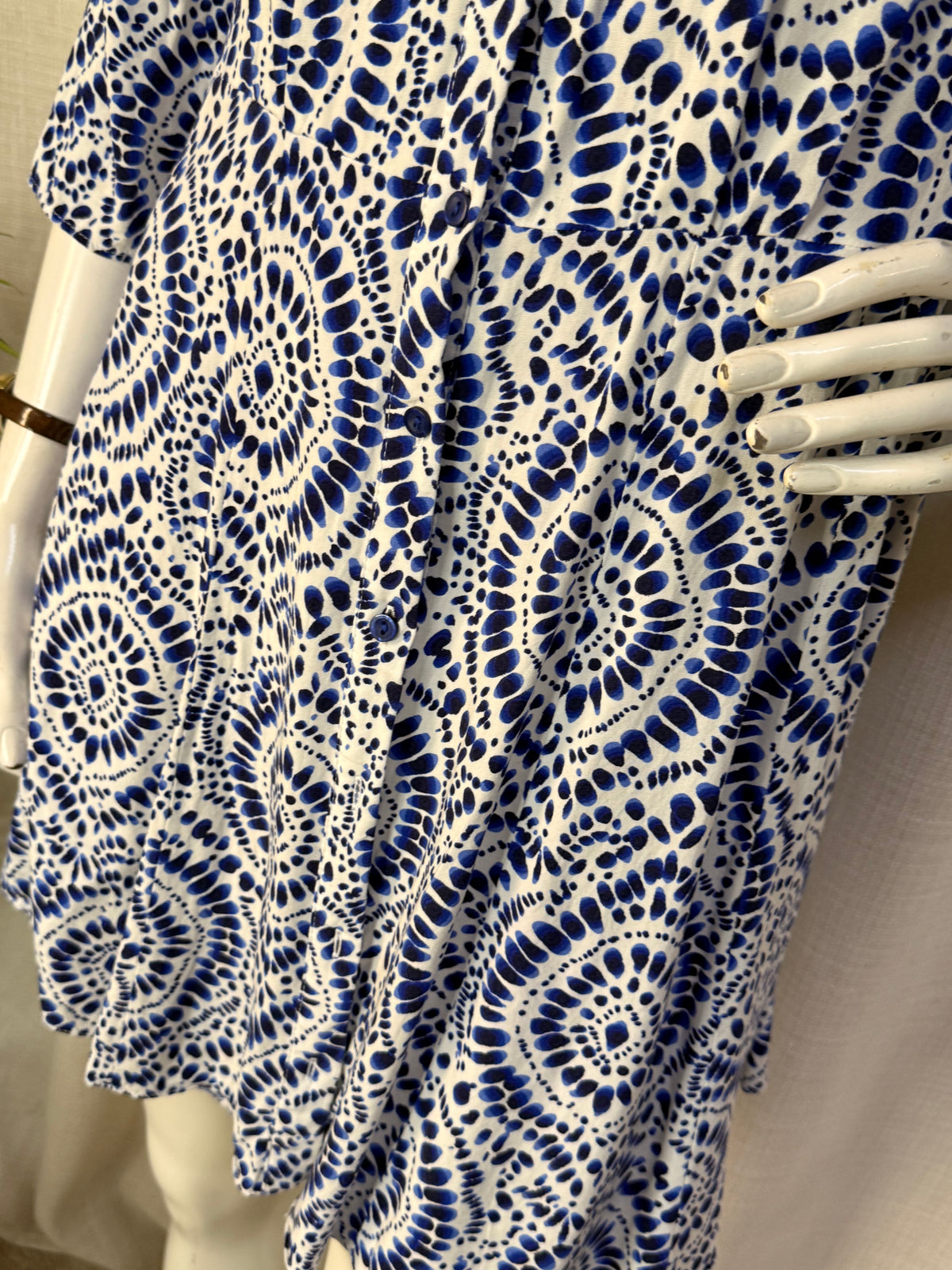 New Look Blue & White Mandala Print 3/4 Sleeve Shirt Mini Dress - UK 12 / US 8 | Medium