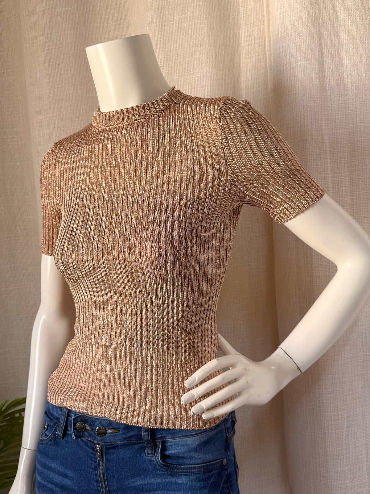 H&M Rose Gold Metallic Ribbed Knit Top - Size XS