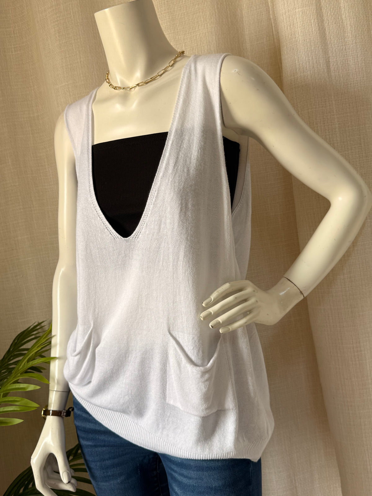 White Deep V-Neck Pocket Vest | UK 8