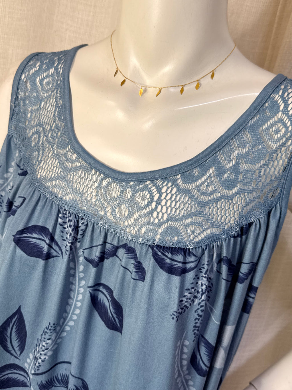 Dusty Blue Floral Lace Yoke Sleeveless A-Line Shift Nightdress / Loungewear Dress - Plus Size