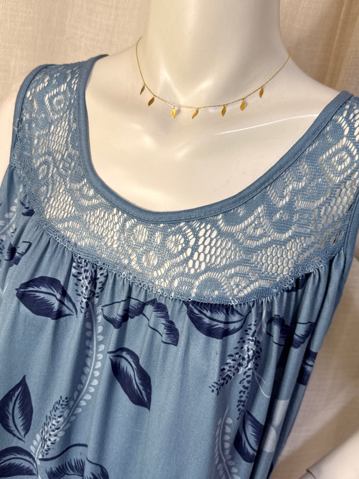 Dusty Blue Floral Lace Yoke Sleeveless A-Line Shift Nightdress / Loungewear Dress - Plus Size