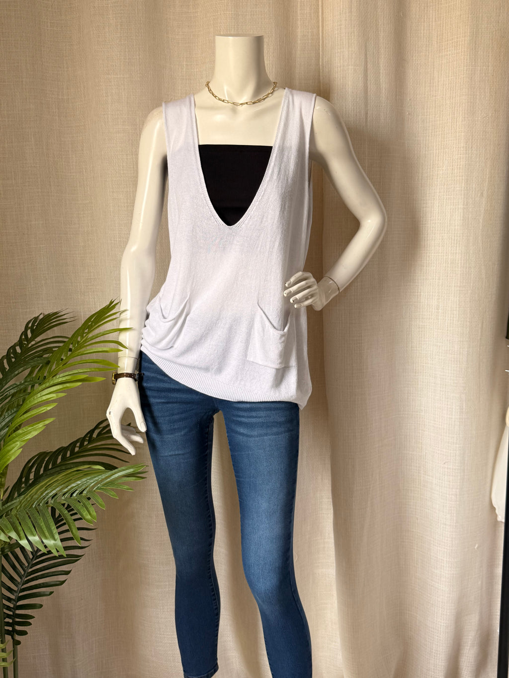 White Deep V-Neck Pocket Vest | UK 8