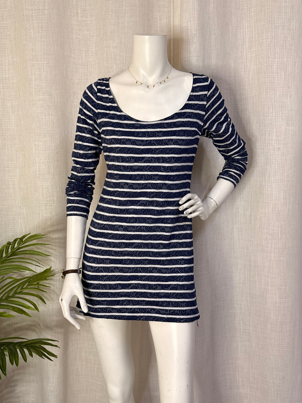 Stradivarius Navy Blue & White Striped Jacquard Bodycon Mini Dress - Size L