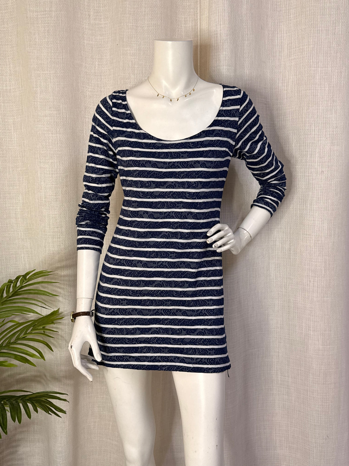 Stradivarius Navy Blue & White Striped Jacquard Bodycon Mini Dress - Size L