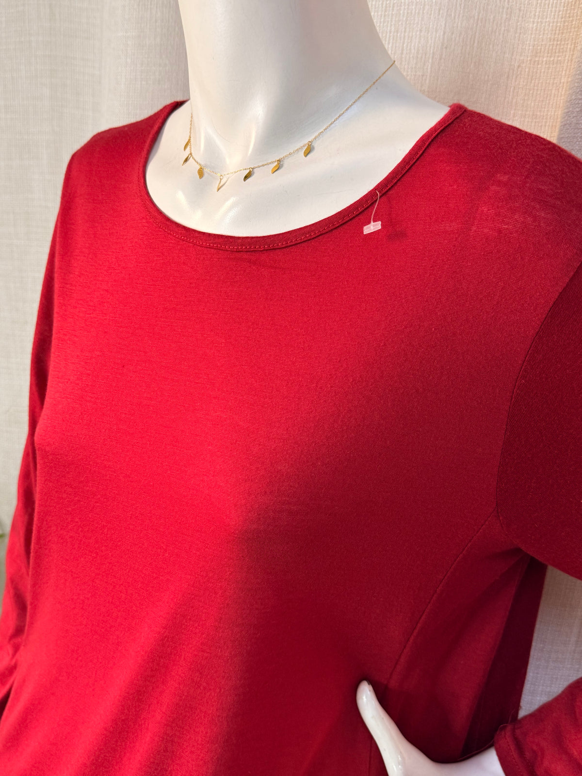 Crimson Red Long Sleeve Draped Cocoon T-Shirt Mini Dress with Pockets - Fits Size L-XL