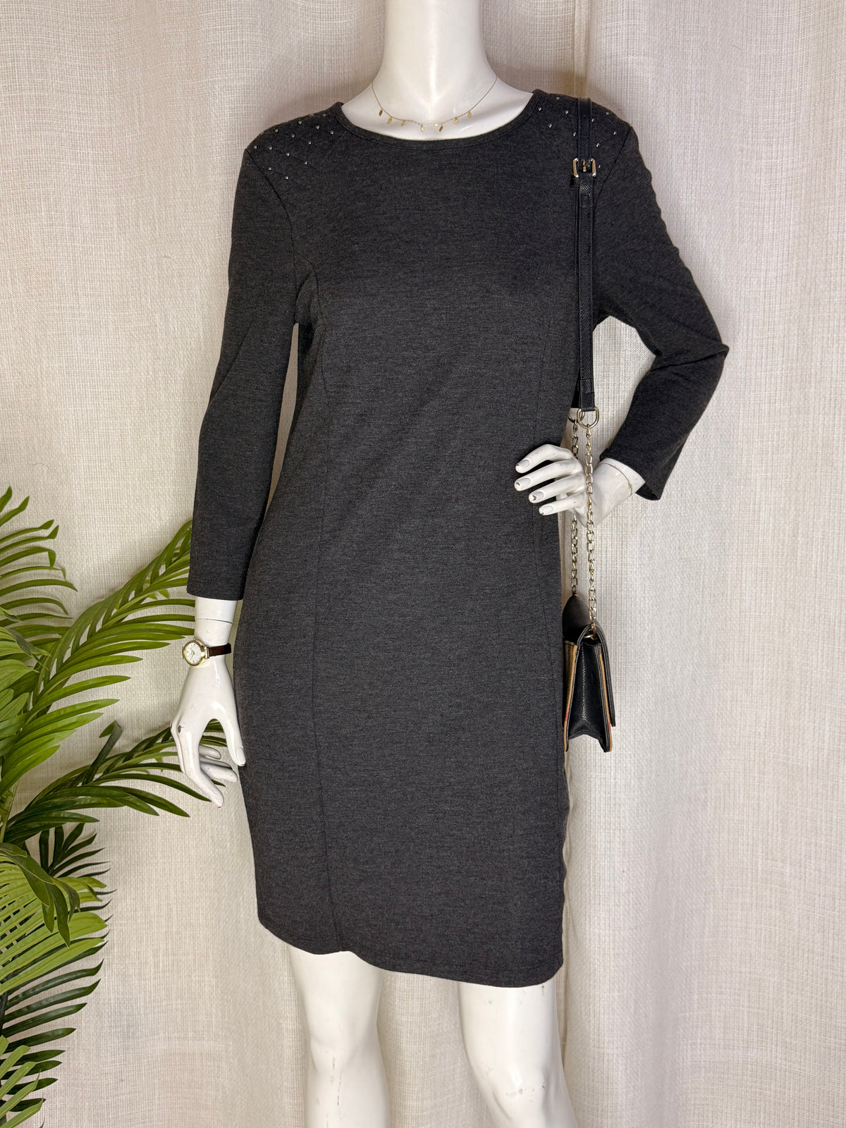 Charcoal Grey 3/4 Sleeve Sheath Dress with Studded Shoulder Details (Good Condition)