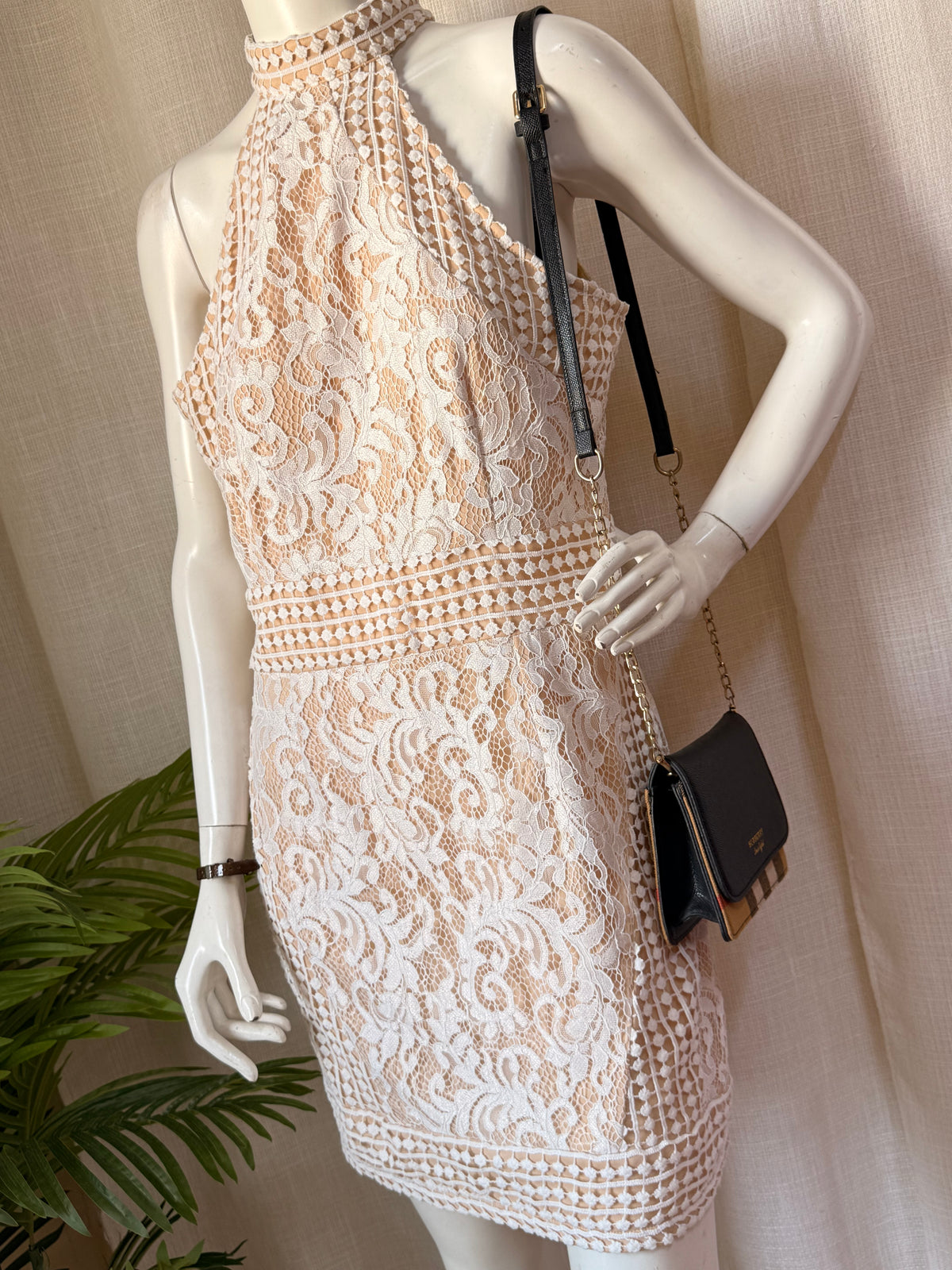 PrettyLittleThing Cream Lace Halterneck Bodycon Dress | UK 14