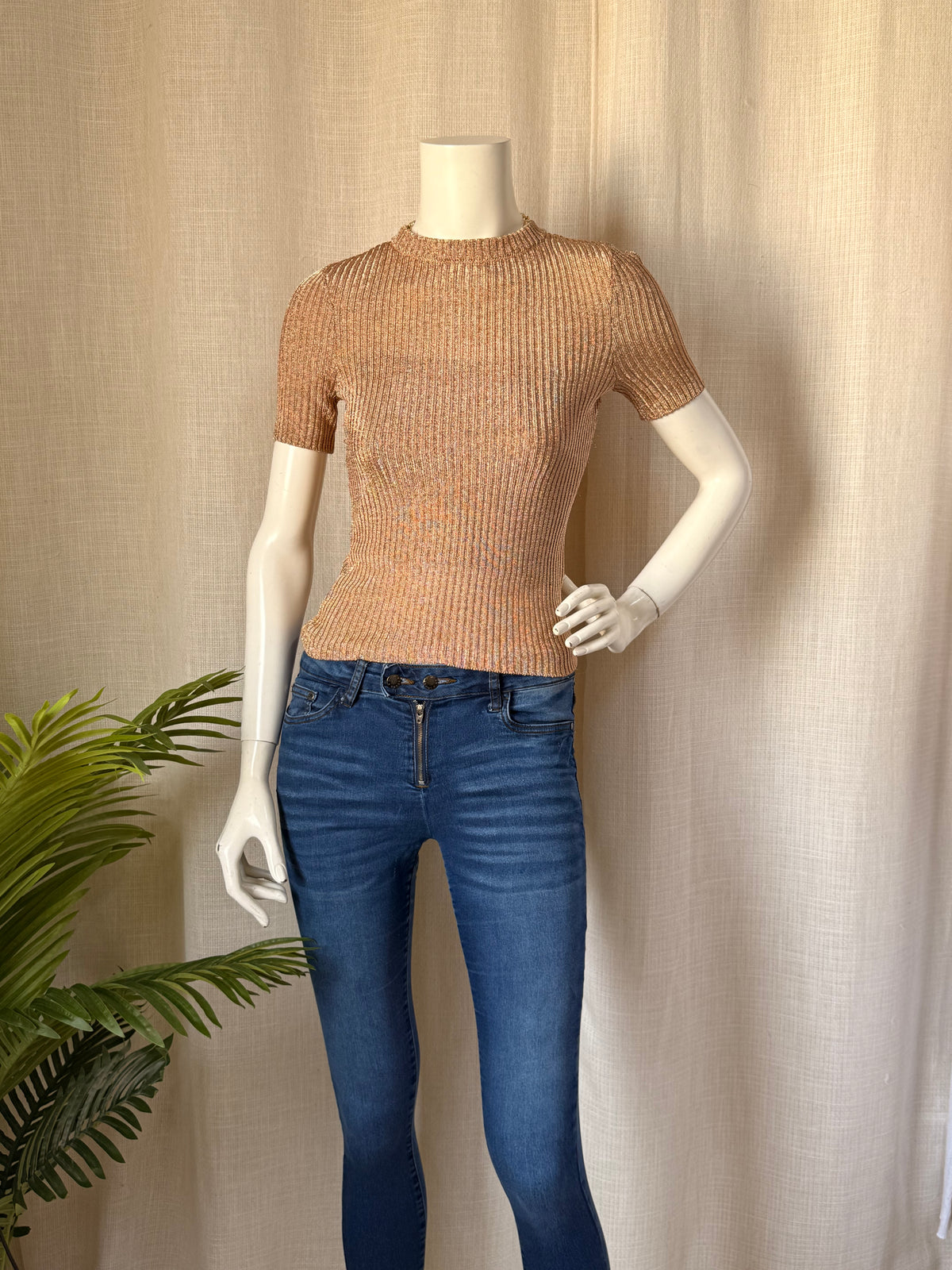 H&M Rose Gold Metallic Ribbed Knit Top - Size XS