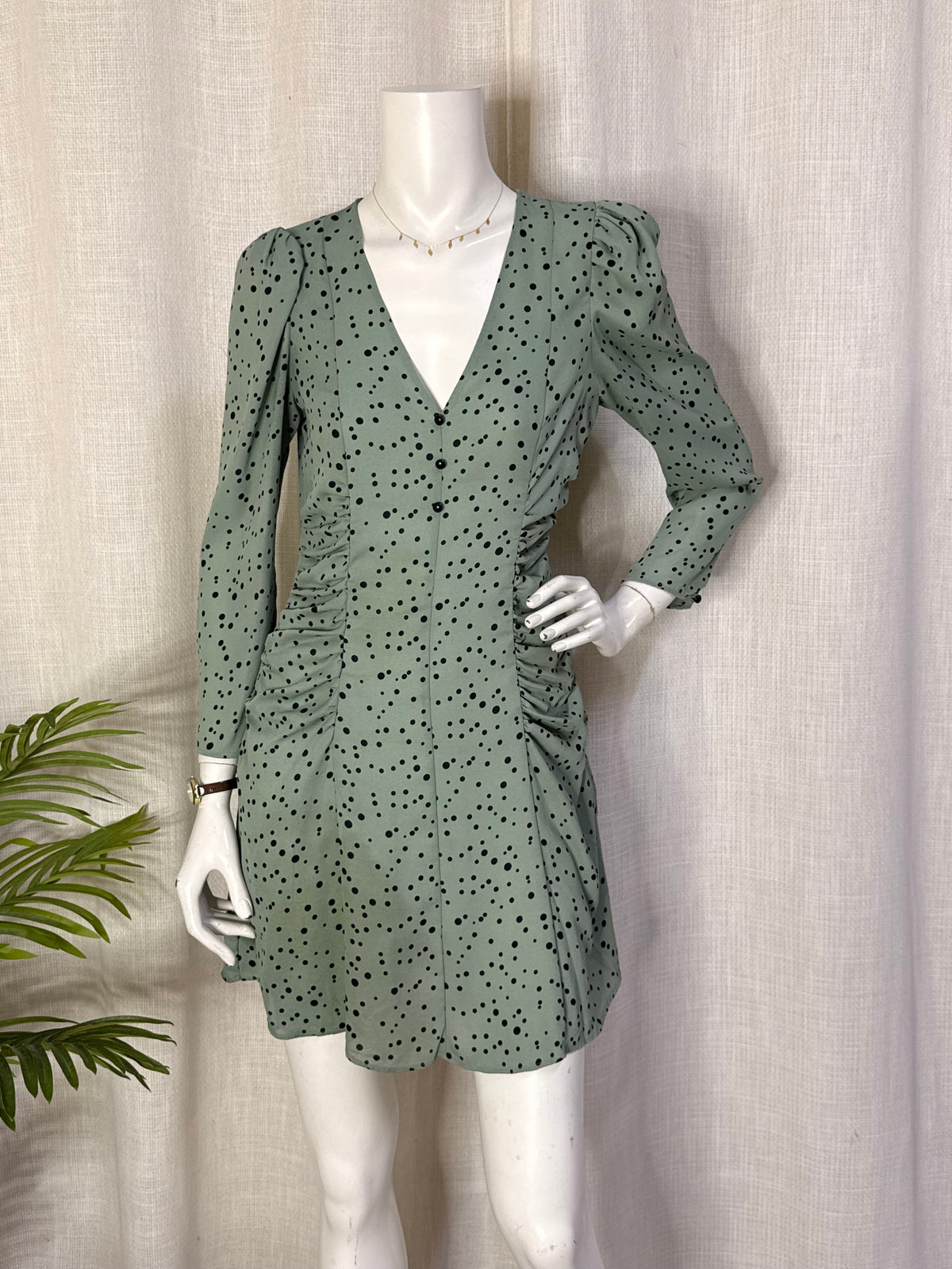 Zara Sage Green Polka Dot Ruched Button-Front Mini Dress - Size M