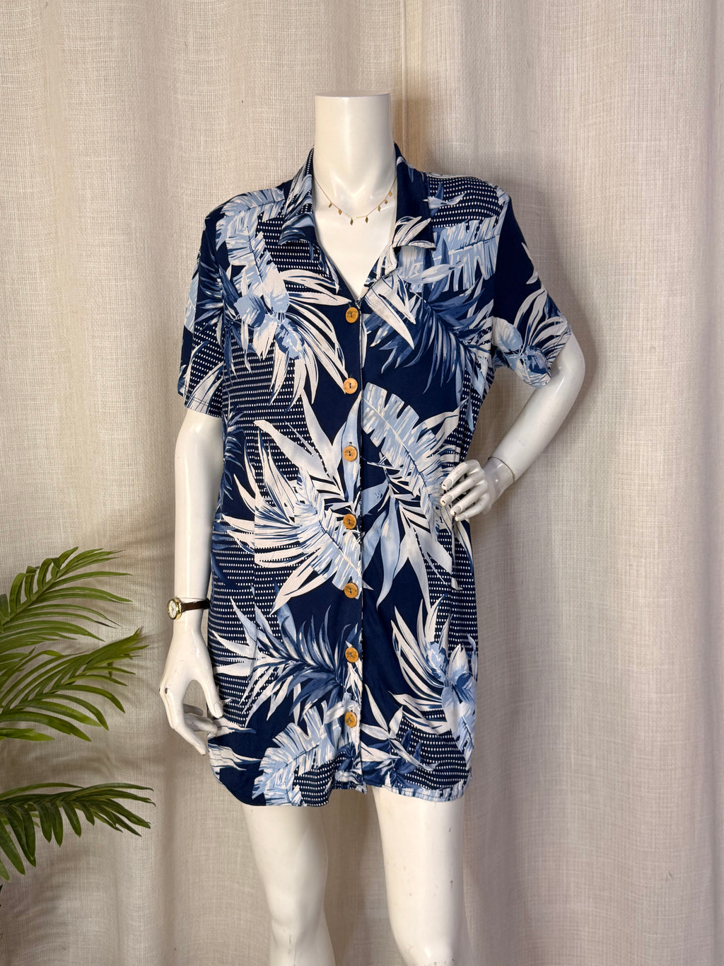 Muslher Navy Blue Tropical Palm Print Button-Down Shirt Mini Dress - Size L