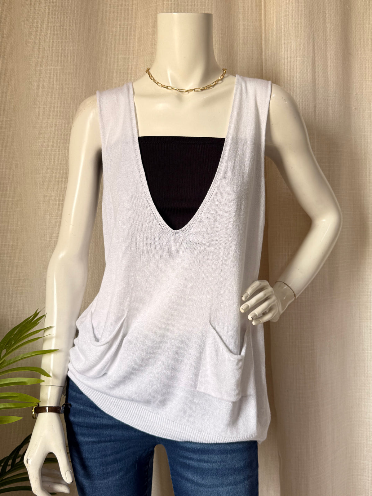 White Deep V-Neck Pocket Vest | UK 8