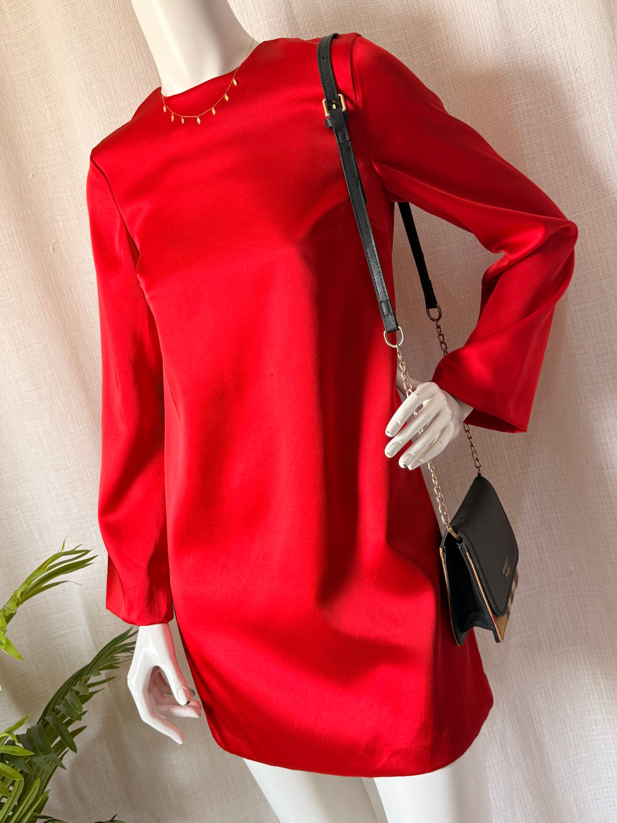 H&M Red Satin Mini Shift Dress | Long Bell Sleeve Evening Dress | Size XS