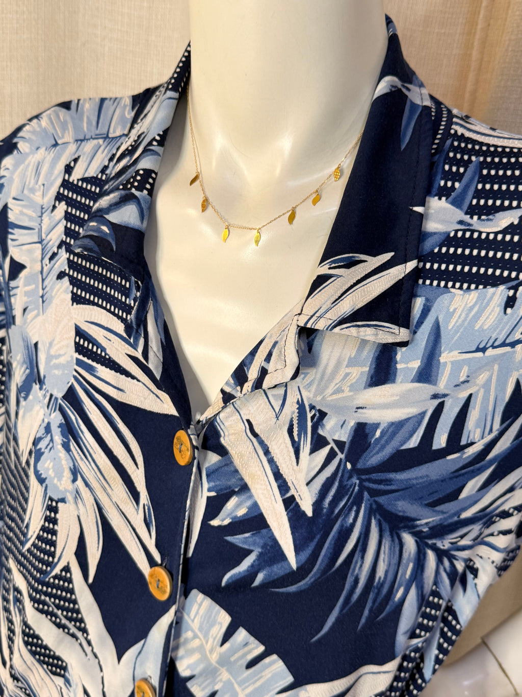 Muslher Navy Blue Tropical Palm Print Button-Down Shirt Mini Dress - Size L