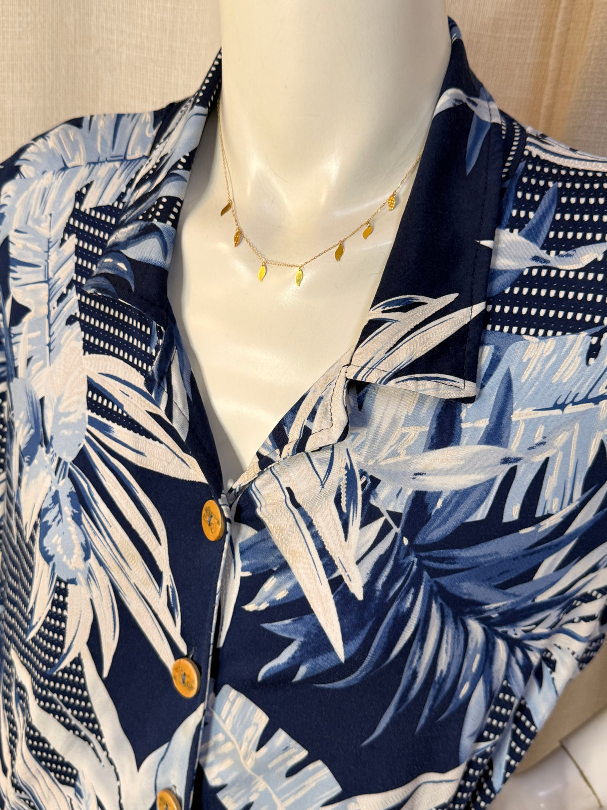 Muslher Navy Blue Tropical Palm Print Button-Down Shirt Mini Dress - Size L