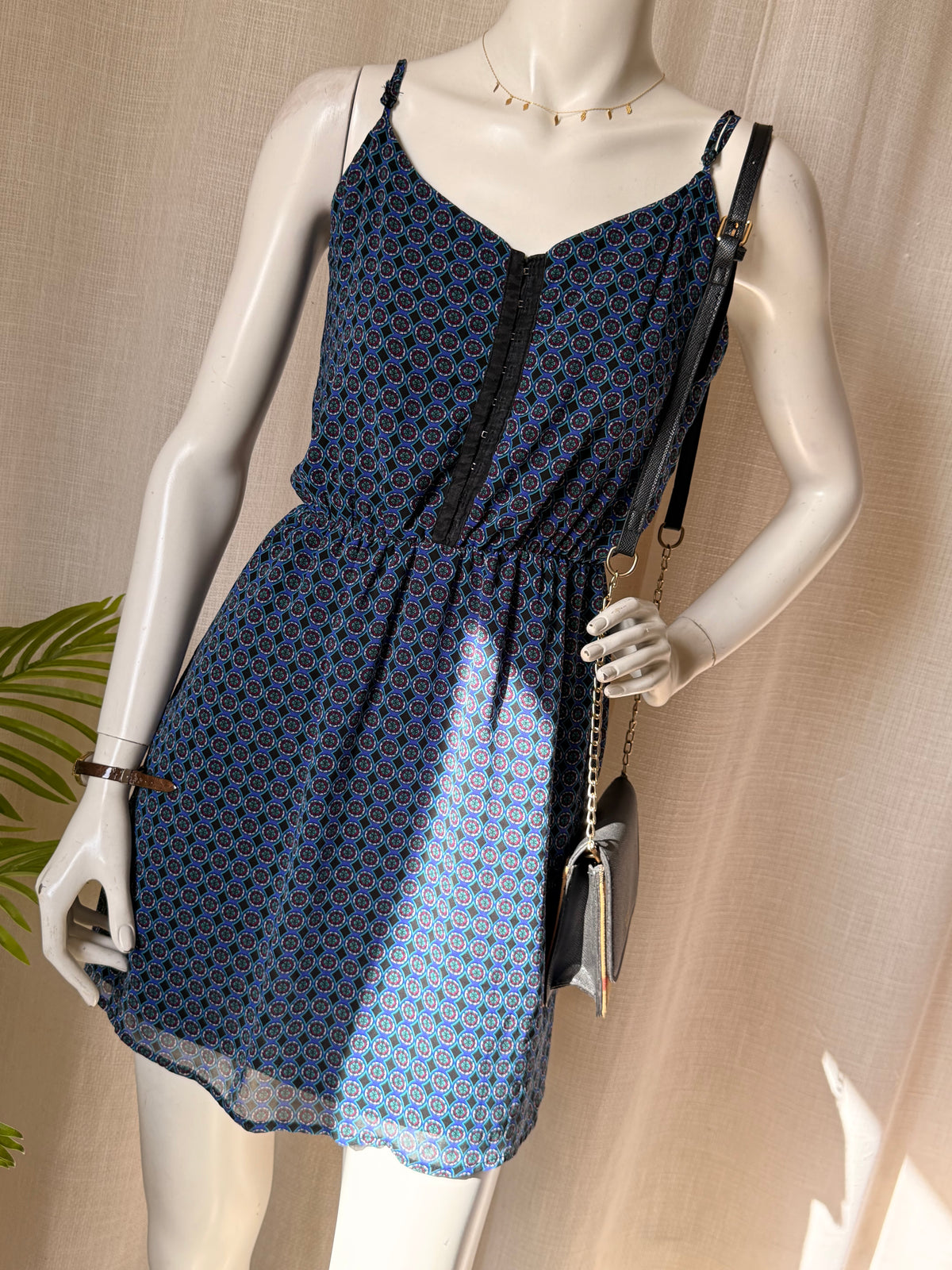 Bik Bok Geometric Print Cami Dress - Hook & Eye Corset Detail - Size Small
