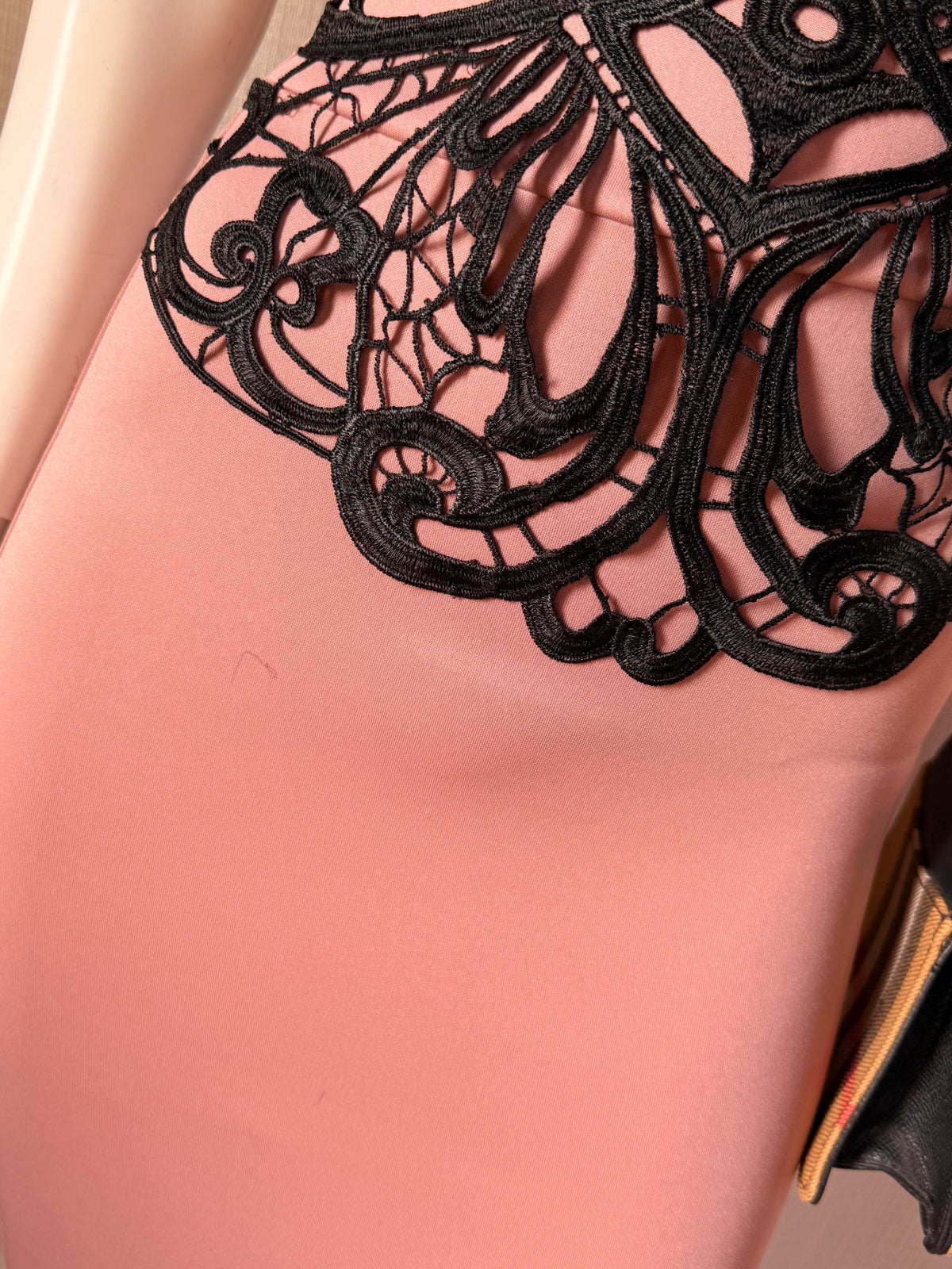 Pink Boutique Blush Pink & Black Crochet Lace Midi Dress | Elegant Cocktail & Evening Dress