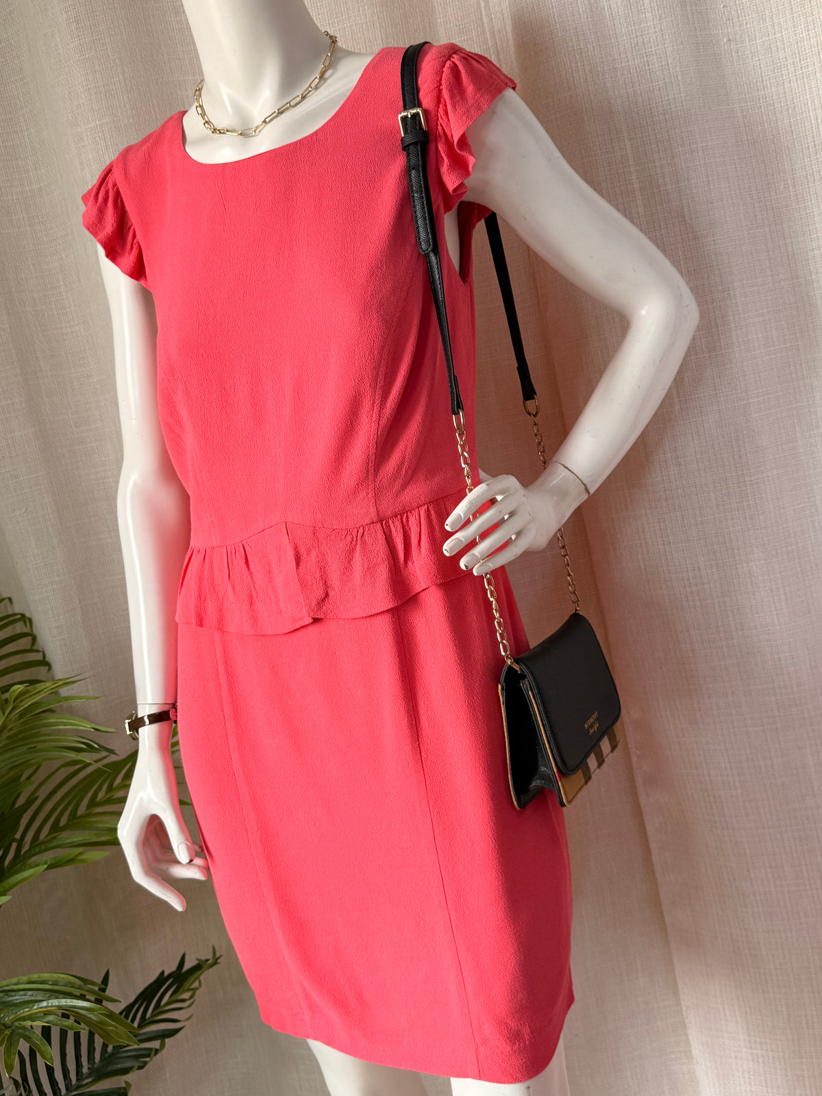 Portmans Pink Peplum Dress with Ruffle Sleeves (Medium)