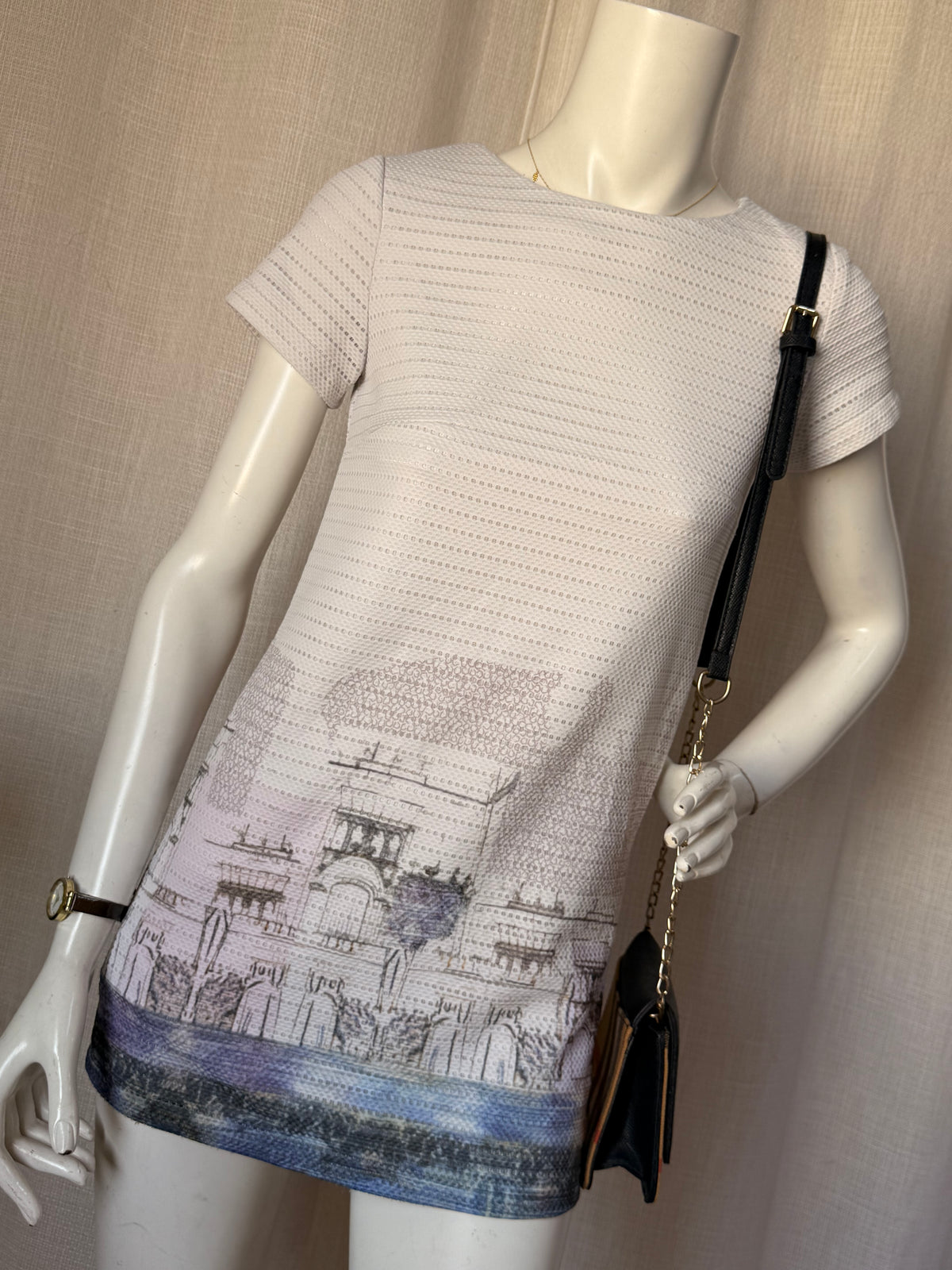 ESWALLOW Women's Short Sleeve Textured Top | Cream Scenic Print Blouse | Size XS