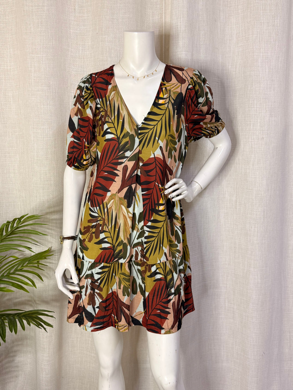 Tropical Palm Leaf Puff Sleeve V-Neck Tiered Mini Dress - Size L (UK 14 / US 10)