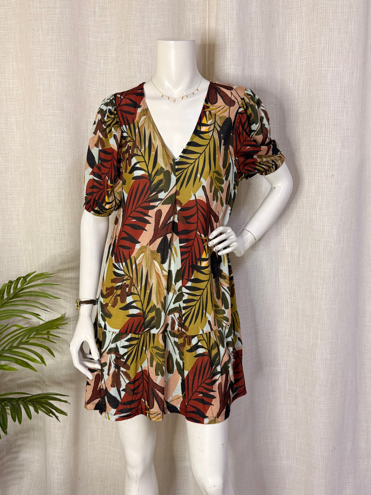 Tropical Palm Leaf Puff Sleeve V-Neck Tiered Mini Dress - Size L (UK 14 / US 10)