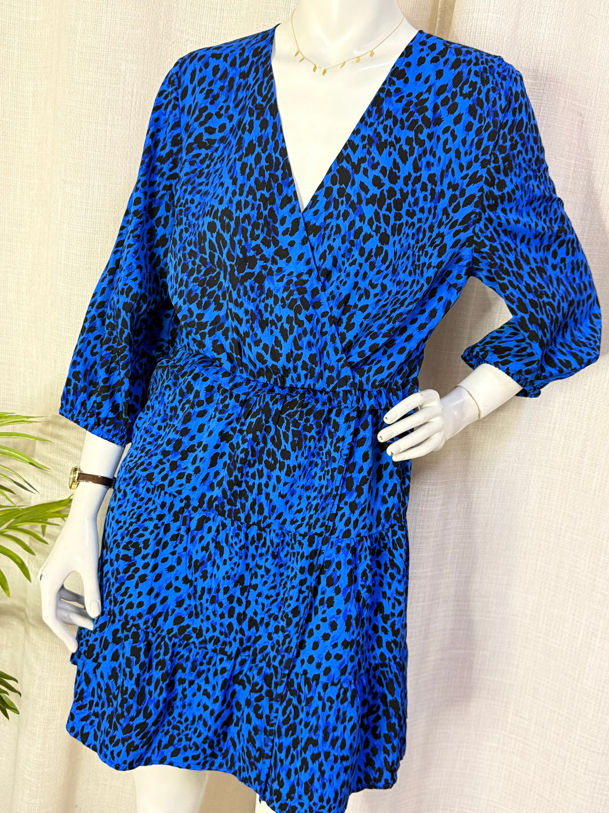 New Look Blue Animal Print Wrap Front Tiered Mini Dress - UK 14 / US 10