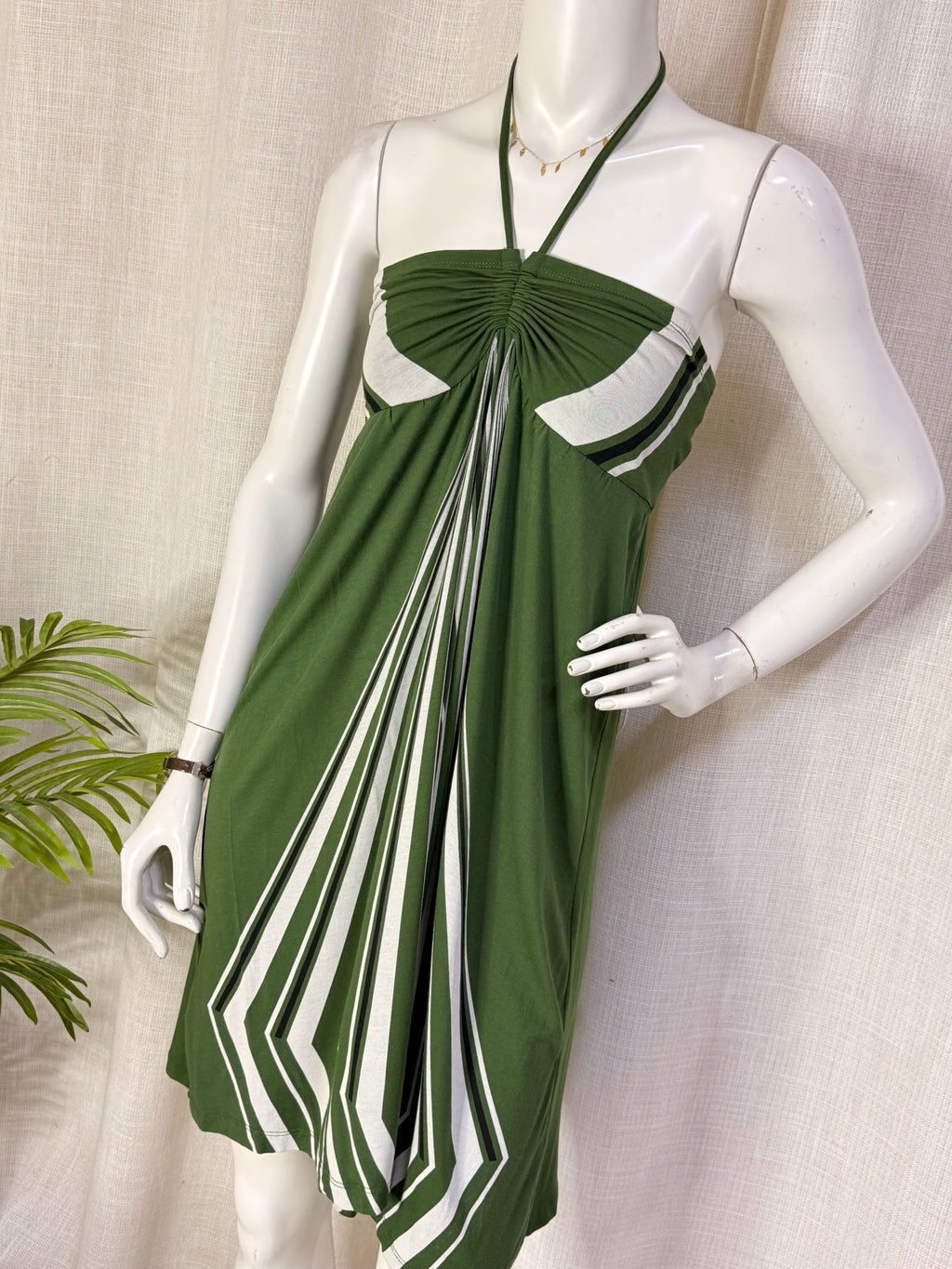 MNG Mango Olive Green Geometric Striped Ruched Halter Mini Dress - Size L