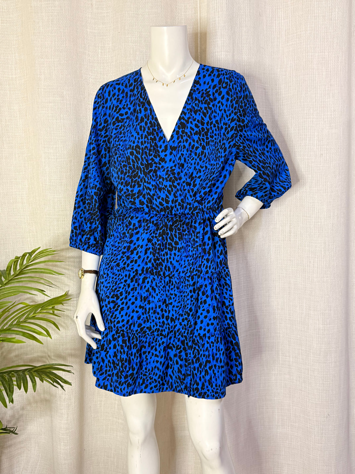 New Look Blue Animal Print Wrap Front Tiered Mini Dress - UK 14 / US 10