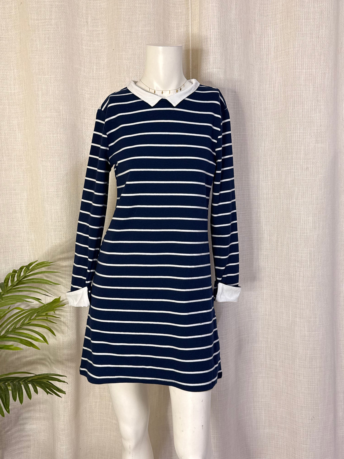 Springfield Navy Striped Long Sleeve Shift Dress with White Peter Pan Collar – Size L