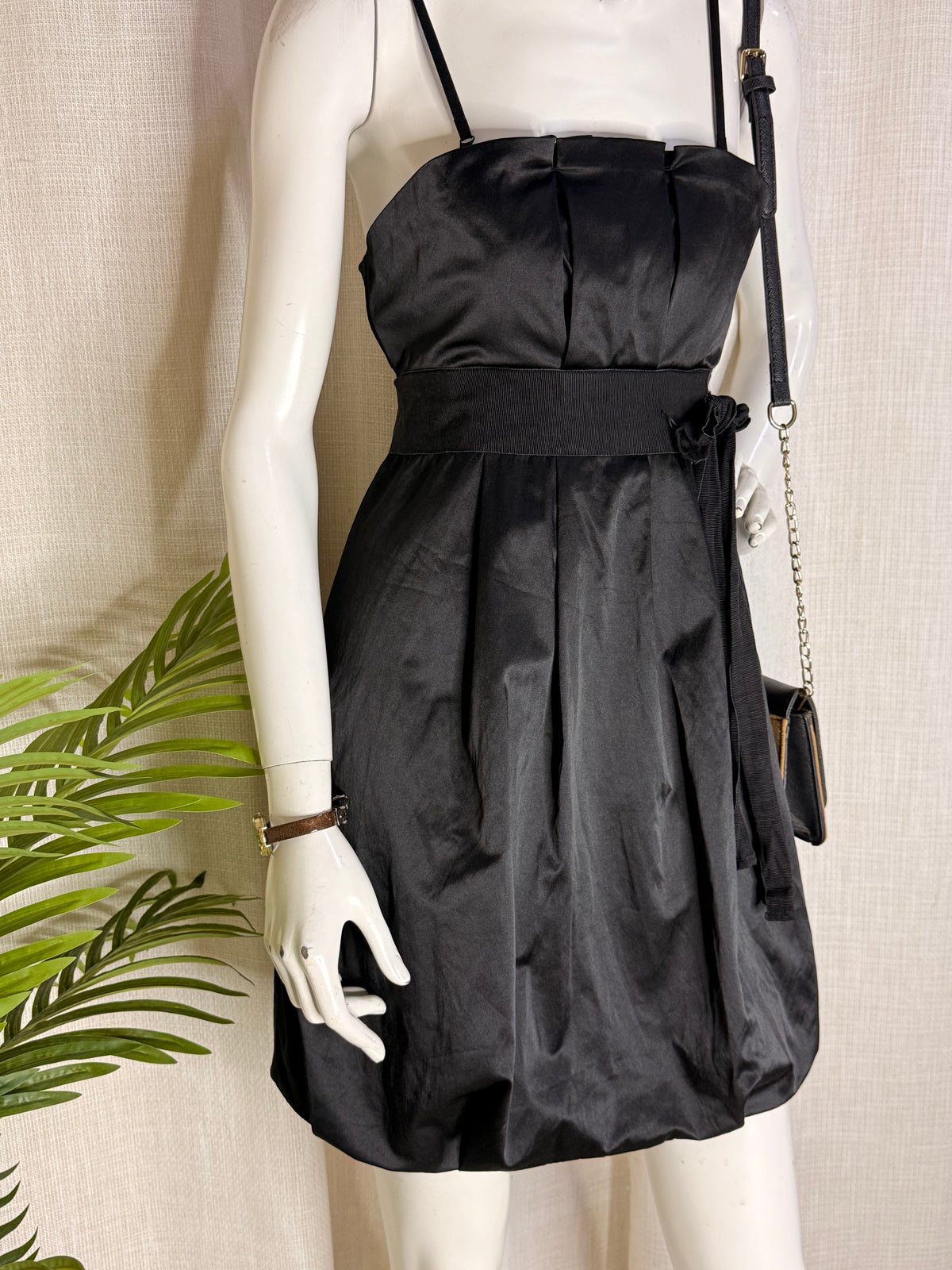 Morgan De Toi Black Satin Cocktail Mini Dress with Ribbon Tie – Size Small (Excellent Condition)