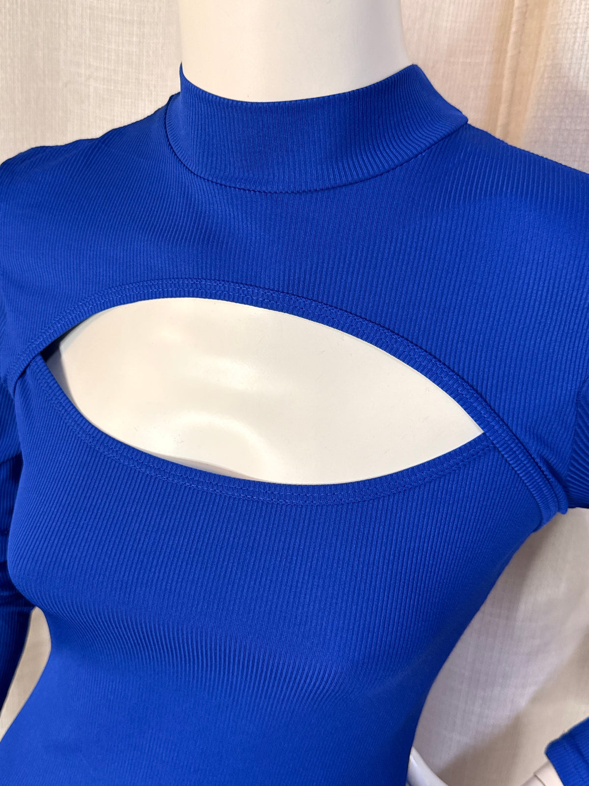 SHEIN Royal Blue Ribbed Cut-Out High Neck Long Sleeve Bodycon Mini Dress - Size S