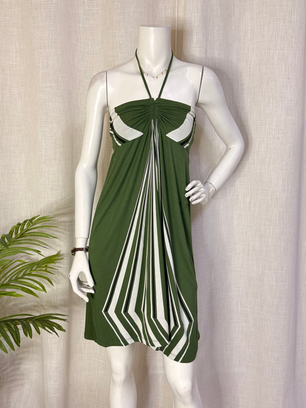 MNG Mango Olive Green Geometric Striped Ruched Halter Mini Dress - Size L