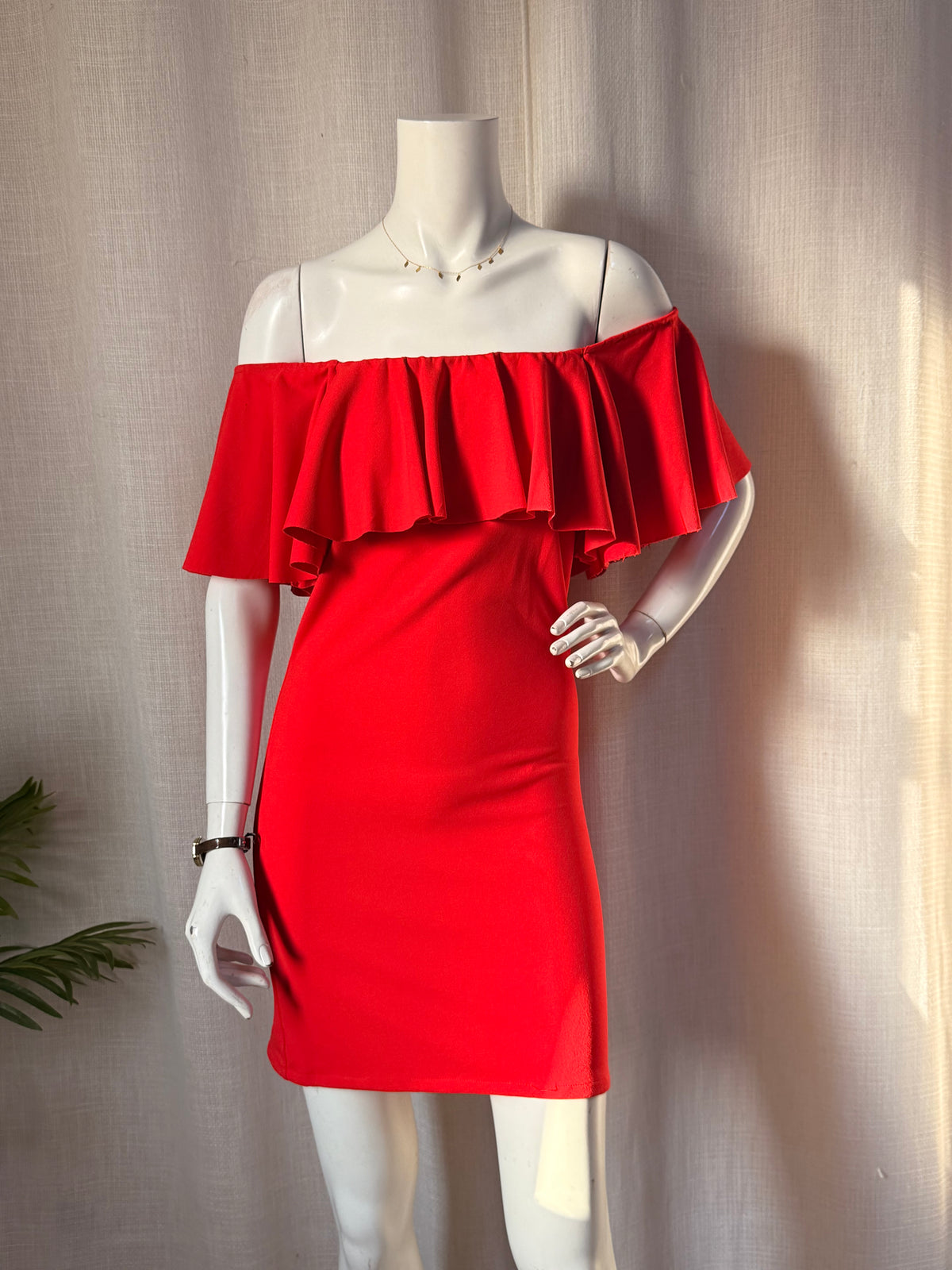 Fiery Red Off-the-Shoulder Ruffle Bardot Bodycon Mini Dress - Fits Size S-M