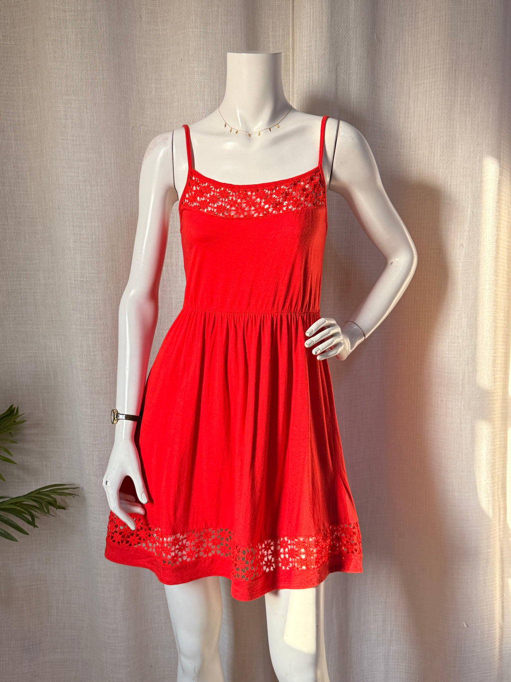 Atmosphere Coral Red Floral Crochet Trim Cami Skater Mini Dress - UK 8 / US 4