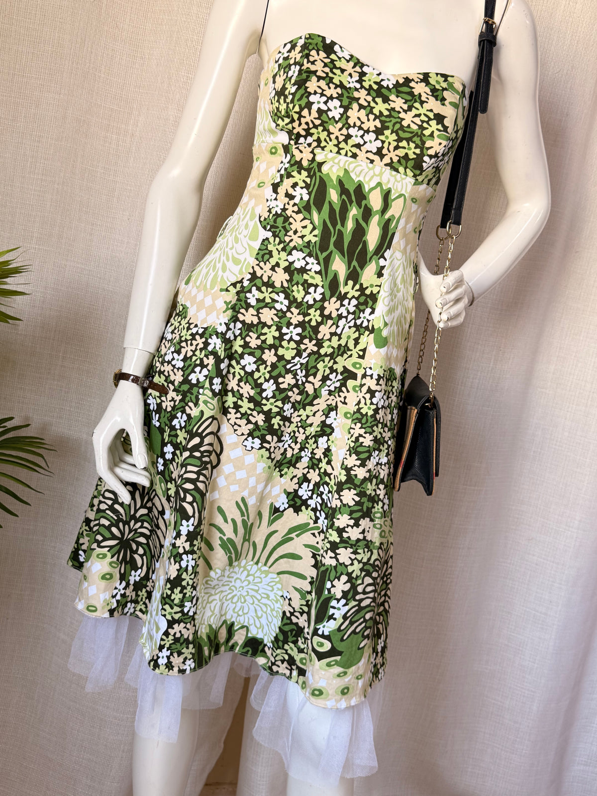 Miss Posh Floral Strapless Sundress with Tulle Trim - Green Retro Print - Size 10