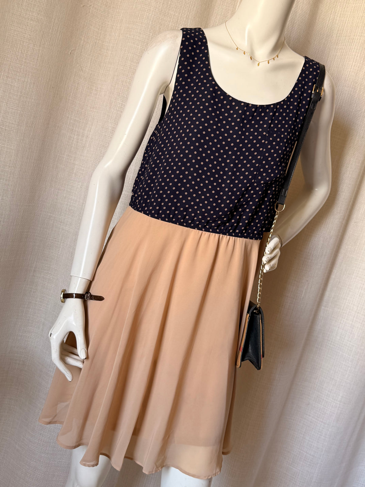 Influence Navy Polka Dot & Peach Skirt Mini Dress - Size UK 12 (Fits UK 10/12)