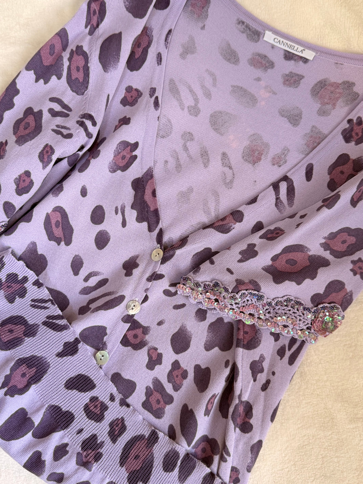 CANNELLA Italy Purple V-Neck Button-Up Cardigan, Sequin Detail, Size Large