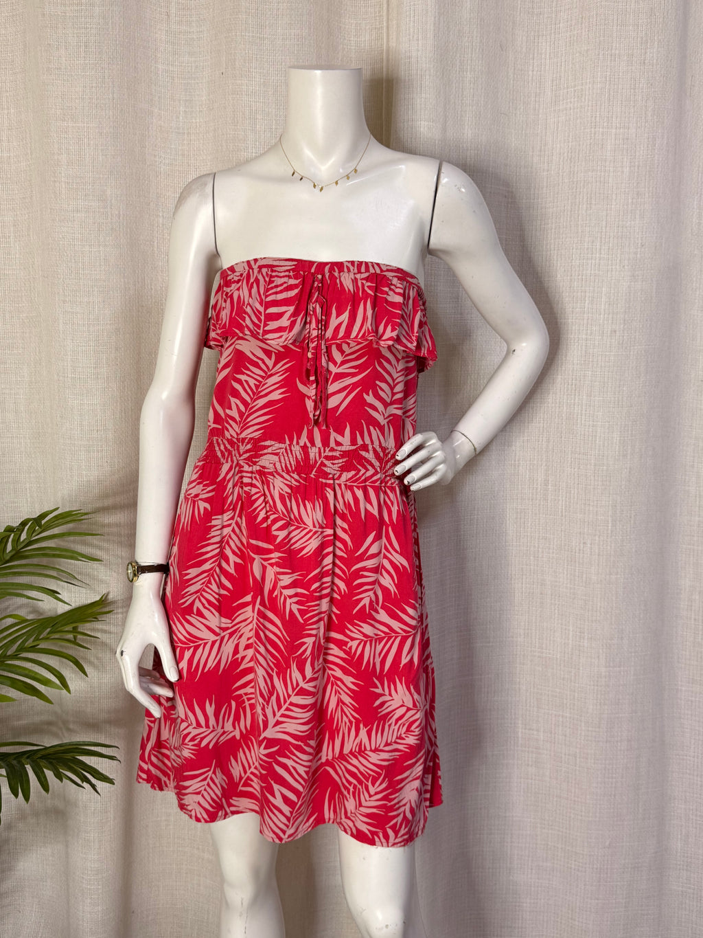 Women'secret Coral Pink Palm Print Strapless Bandeau Ruffle Mini Dress - Size L