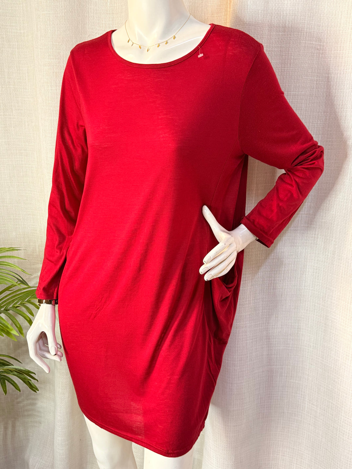 Crimson Red Long Sleeve Draped Cocoon T-Shirt Mini Dress with Pockets - Fits Size L-XL