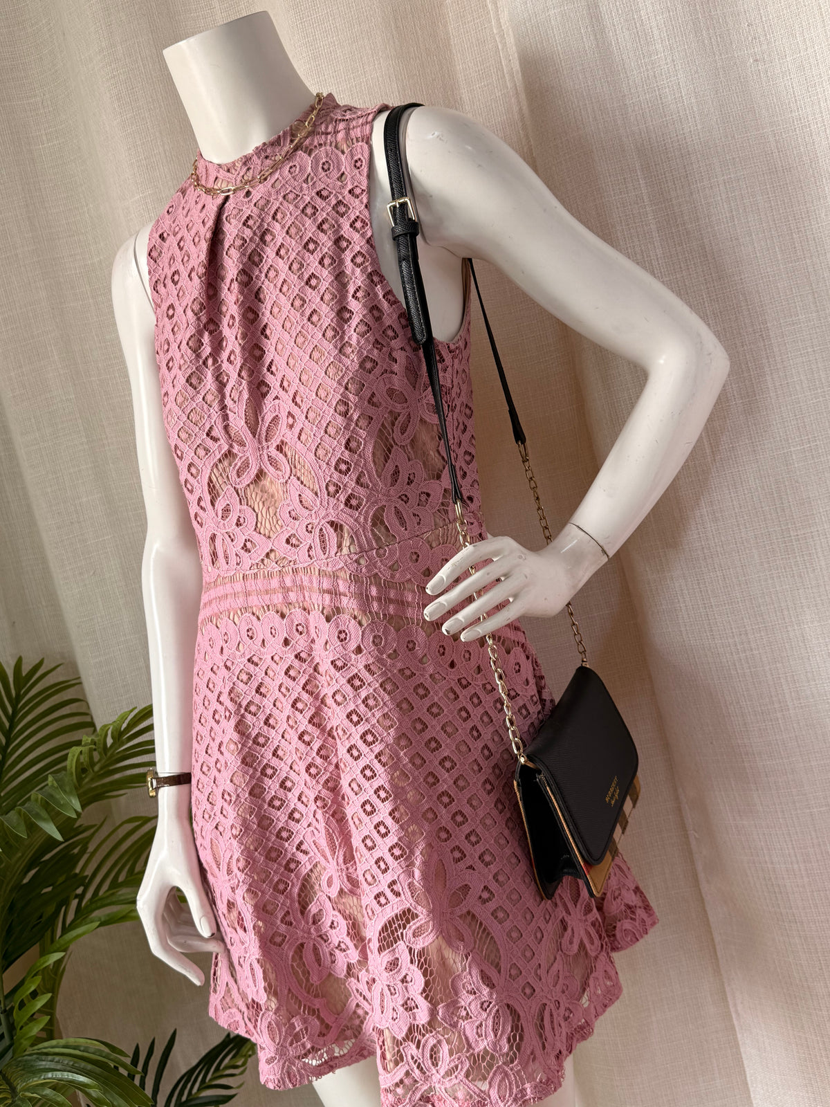 Love Fire Pink Crochet Lace High Neck Skater Dress | Large