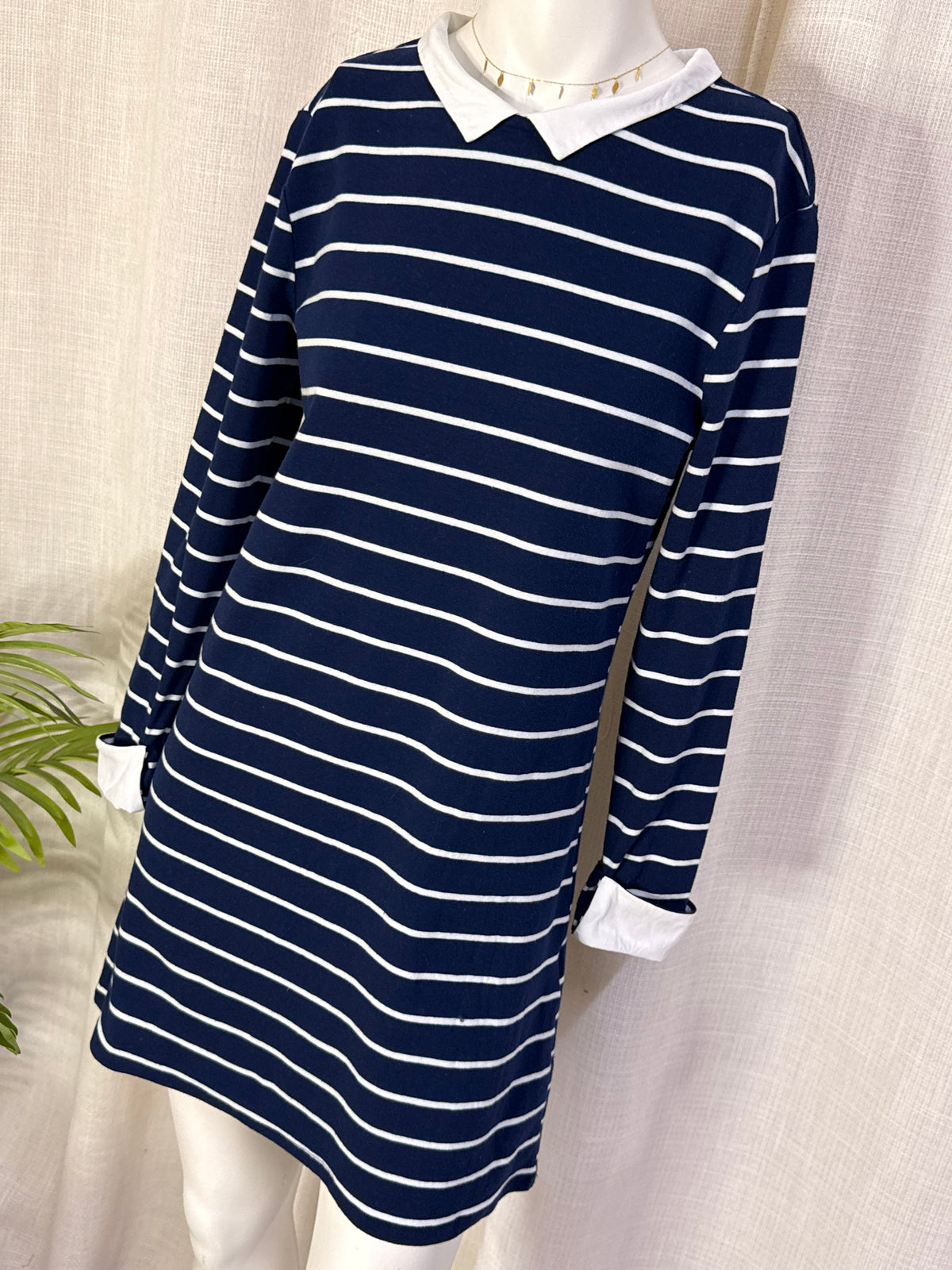 Springfield Navy Striped Long Sleeve Shift Dress with White Peter Pan Collar – Size L
